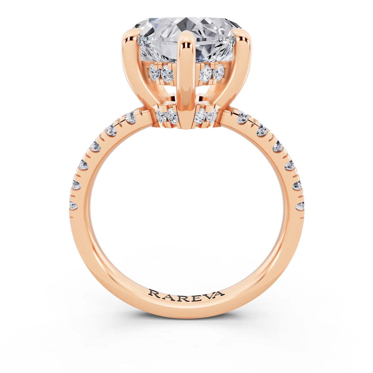 14 KT Rose Gold Heart Cut Diamond Hidden Halo Tiger Prong Pave Band Ring - through finger