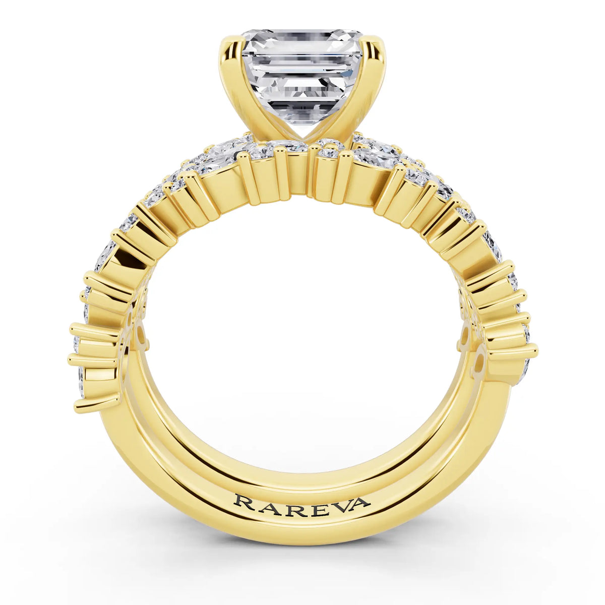 14 KT Yellow Gold Asscher Cut Diamond Ring with Marquise Cluster Band - through finger
