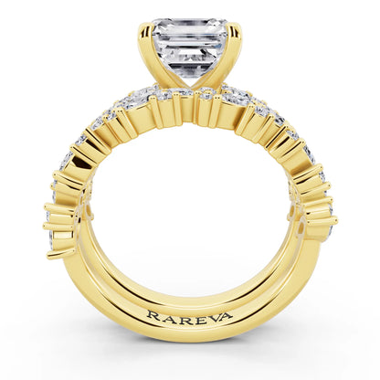 14 KT Yellow Gold Asscher Cut Diamond Ring with Marquise Cluster Band - through finger