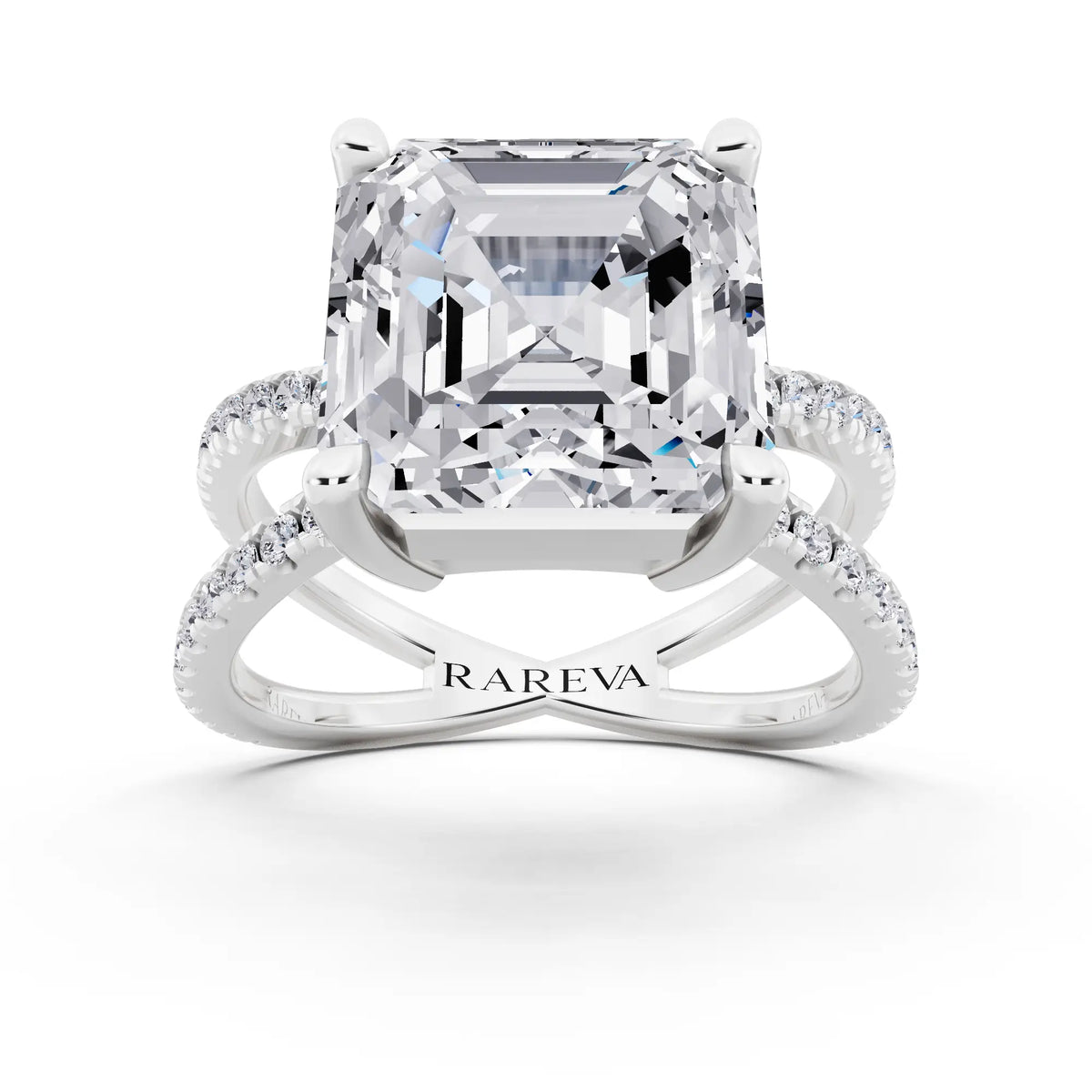 Platinum Asscher Cut Diamond Ring with Twisted Split Shank - front view