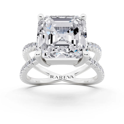Platinum Asscher Cut Diamond Ring with Twisted Split Shank - front view