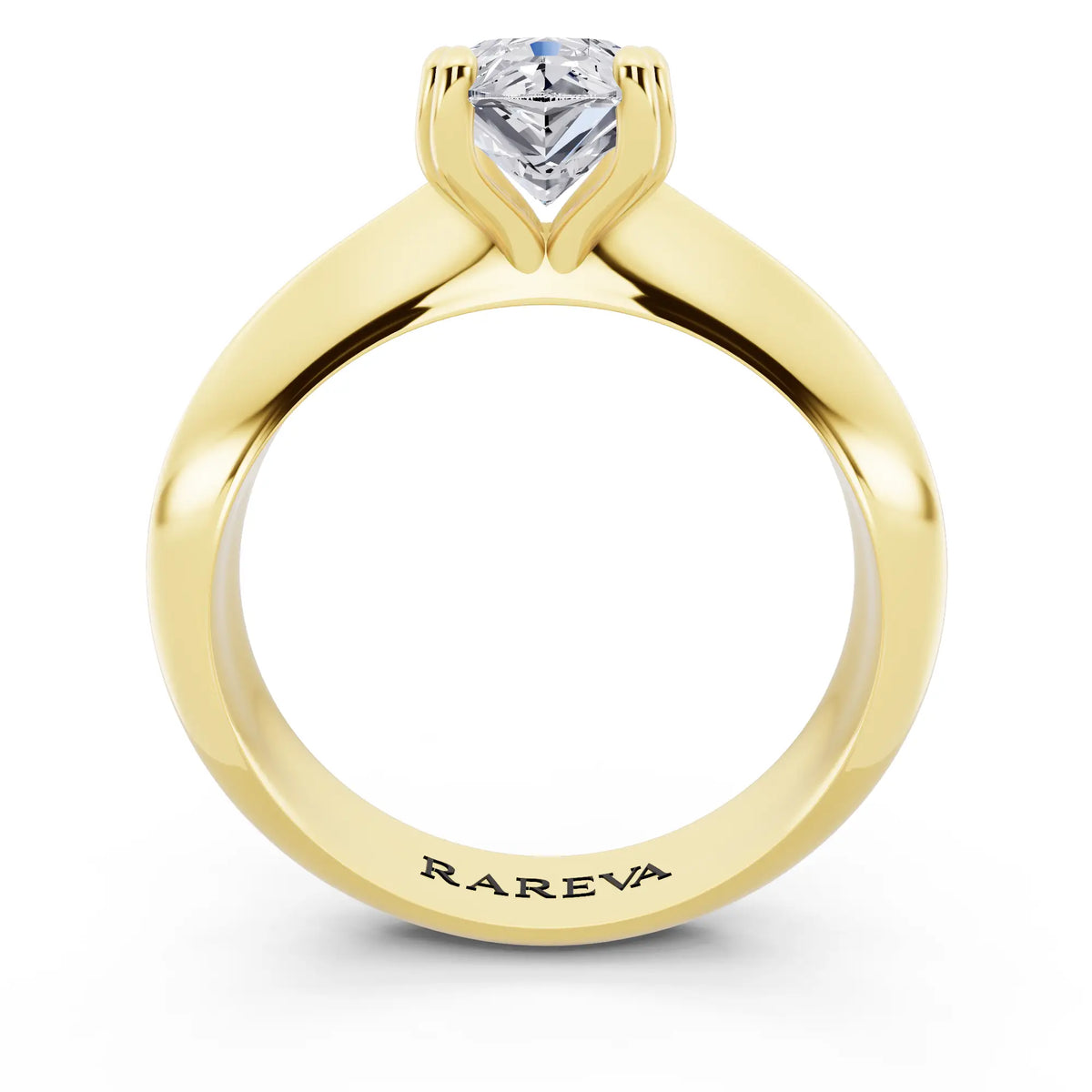 18 KT Yellow Gold Pear Cut Diamond Solitaire Ring with Knife Edge Band - through finger