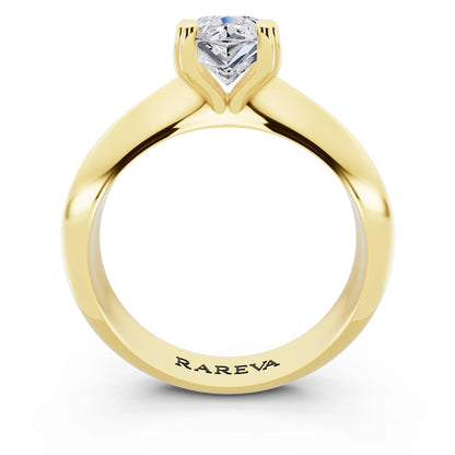 18 KT Yellow Gold Pear Cut Diamond Solitaire Ring with Knife Edge Band - through finger