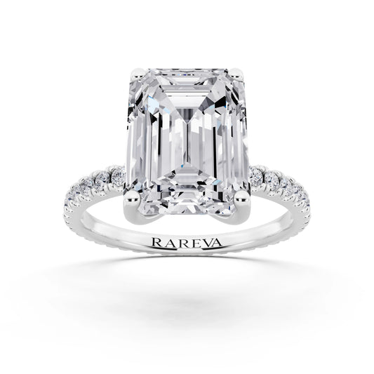 18 KT White Gold Emerald Cut Diamond Solitaire Ring with Pave Eternity Band - front view