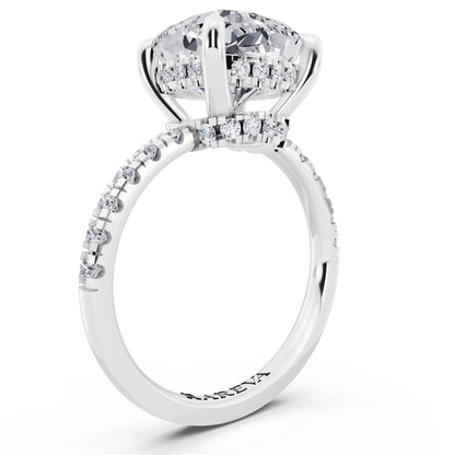 18 KT White Gold Cushion Cut Diamond Hidden Halo Tiger Prong Pave Band Ring - top view
