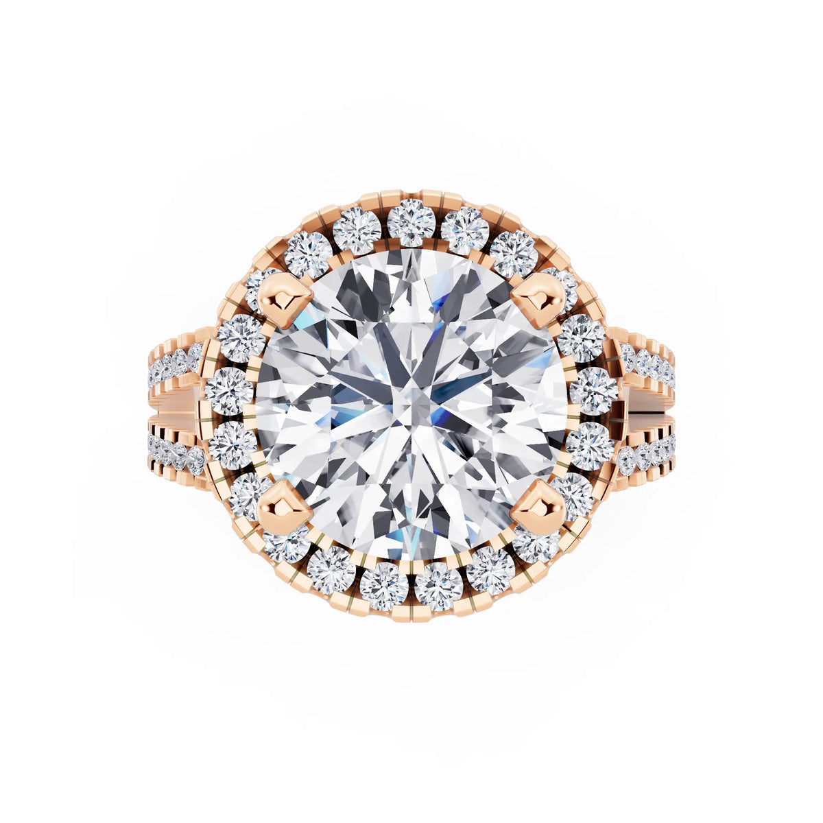 14 KT Rose Gold Round Cut Diamond Halo Ring with Pave Split Shank - top angle