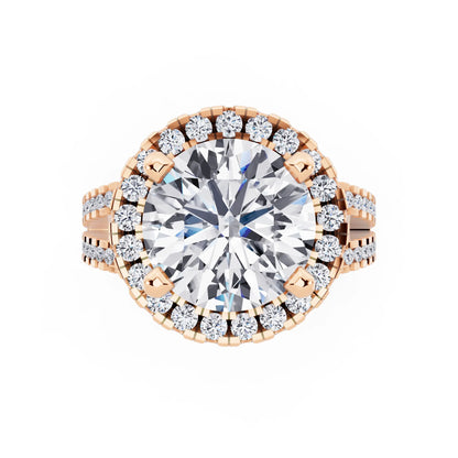14 KT Rose Gold Round Cut Diamond Halo Ring with Pave Split Shank - top angle