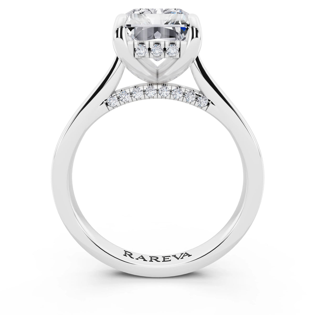 18 KT White Gold Radiant Cut Diamond Solitaire Ring with Cathedral Band - through finger
