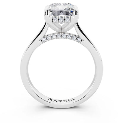18 KT White Gold Radiant Cut Diamond Solitaire Ring with Cathedral Band - through finger