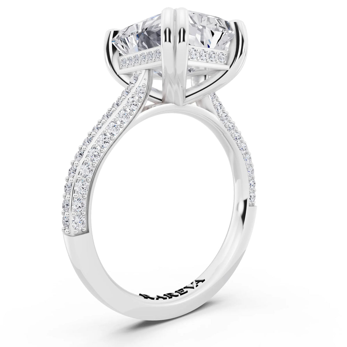 14 KT White Gold Radiant Cut Diamond Hidden Halo Double Claw Pave Band Ring - top view