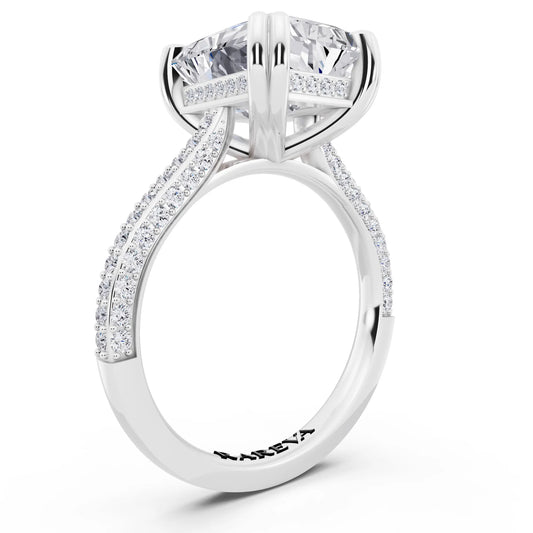 14 KT White Gold Radiant Cut Diamond Hidden Halo Double Claw Pave Band Ring - top view