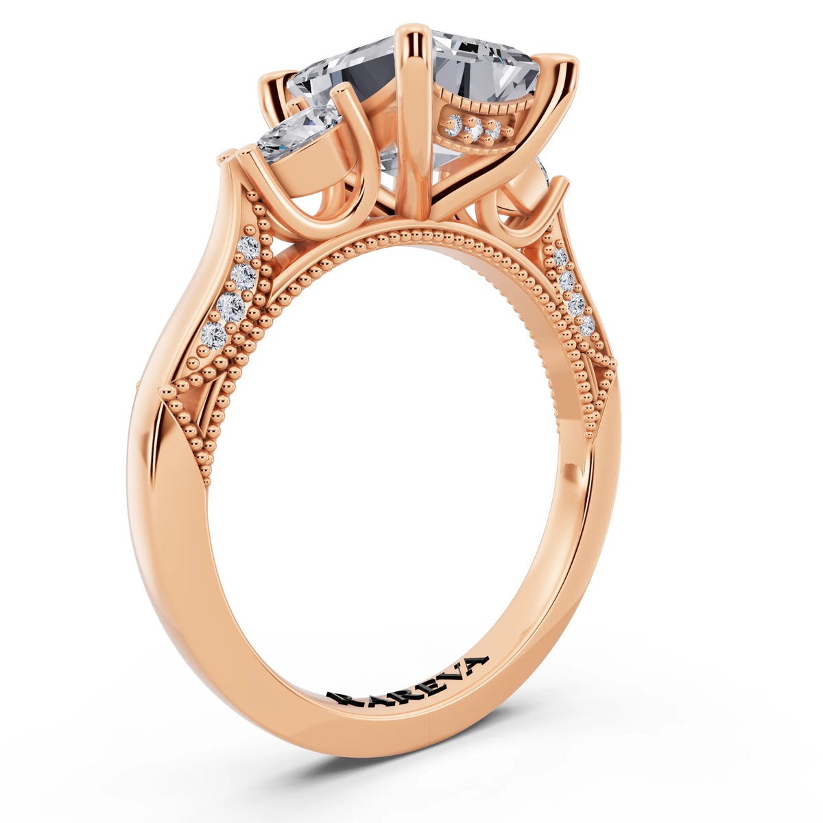 18 KT Rose Gold Emerald Cut Diamond Three Stone Pear Accent Vintage Pave Ring - top view