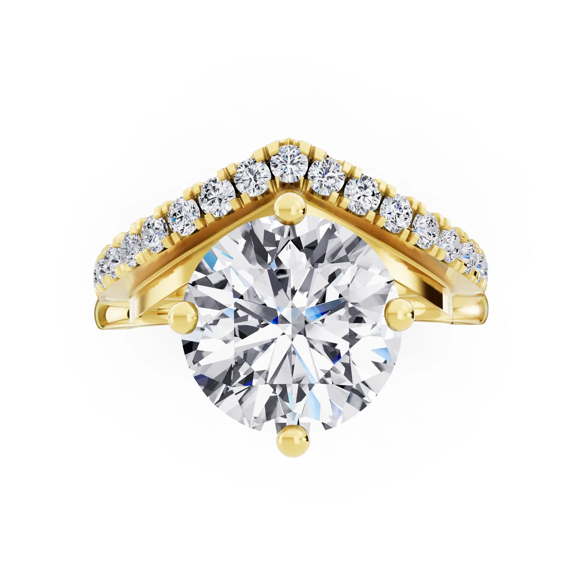 18 KT Yellow Gold Round Cut Diamond Solitaire Ring with Pave V Band - Top down