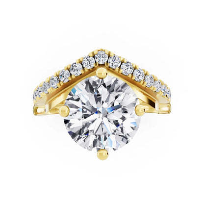 18 KT Yellow Gold Round Cut Diamond Solitaire Ring with Pave V Band - Top down