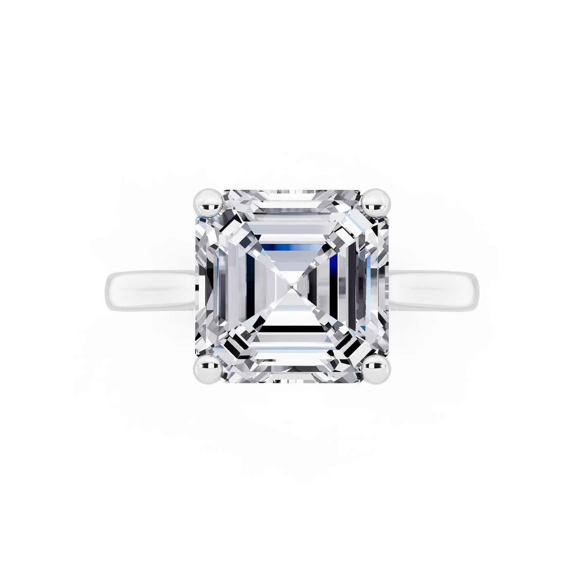 18 KT White Gold Asscher Cut Diamond Solitaire Ring with Cathedral Band - top angle