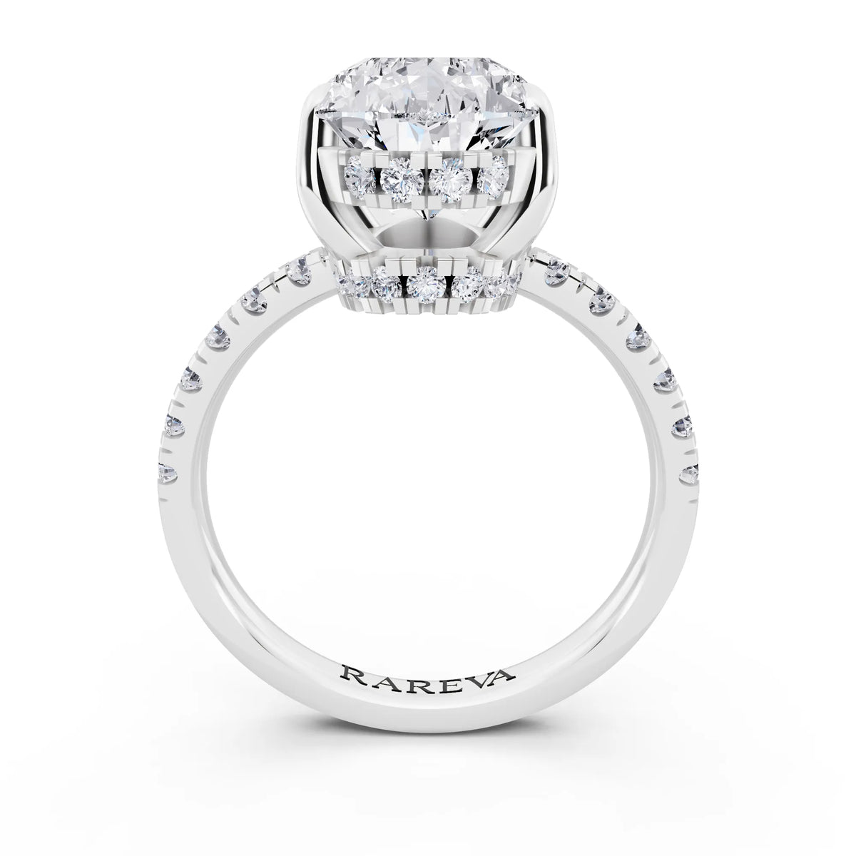 14 KT White Gold Pear Cut Diamond Hidden Halo Tiger Prong Pave Band Ring - through finger