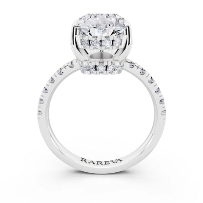 14 KT White Gold Pear Cut Diamond Hidden Halo Tiger Prong Pave Band Ring - through finger