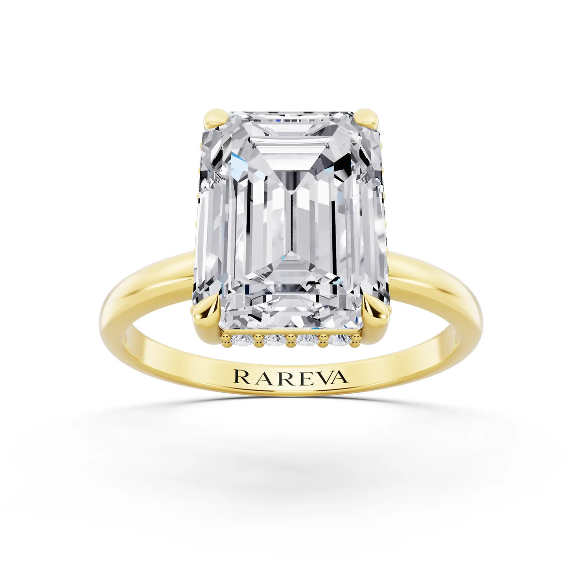 14 KT Yellow Gold Emerald Cut Diamond Hidden Halo Solitaire Ring - front view