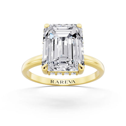 14 KT Yellow Gold Emerald Cut Diamond Hidden Halo Solitaire Ring - front view