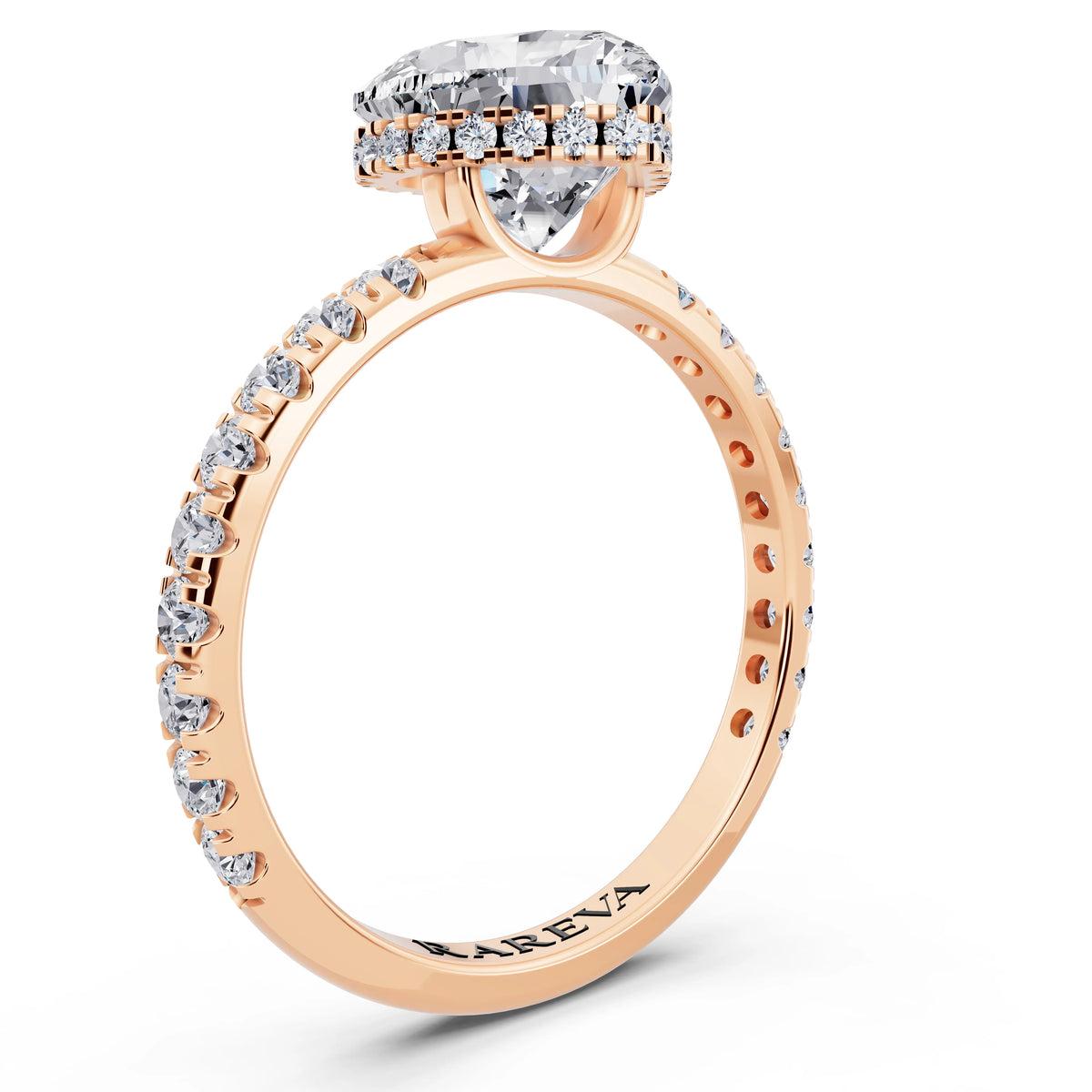 14 KT Rose Gold Heart Cut Diamond Solitaire Ring with Hidden Halo and French Pave Band - top view