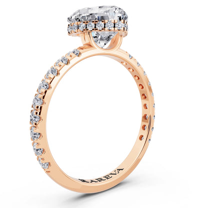 14 KT Rose Gold Heart Cut Diamond Solitaire Ring with Hidden Halo and French Pave Band - top view