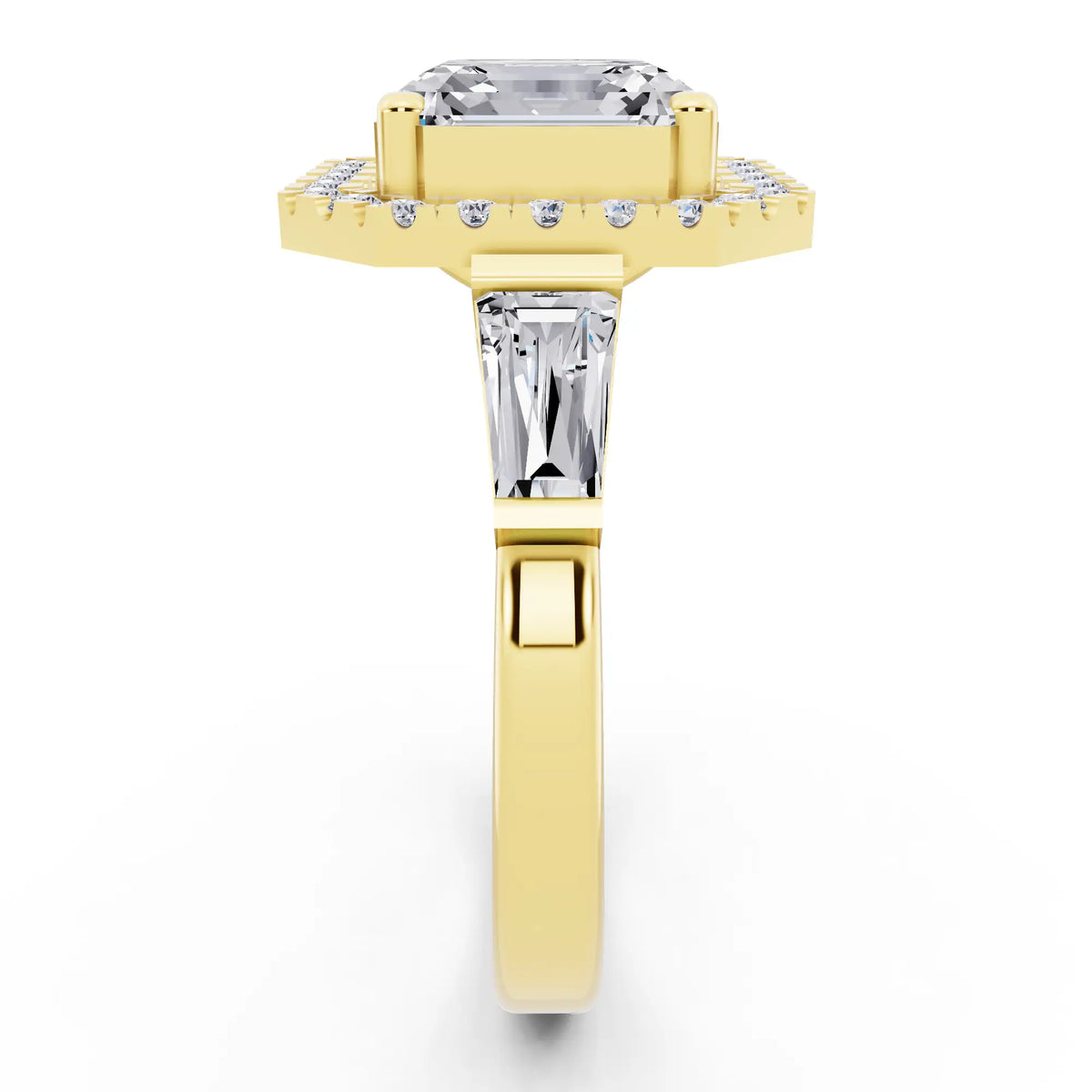 14 KT Yellow Gold Asscher Cut Diamond Halo Ring with Baguette Accents - side view