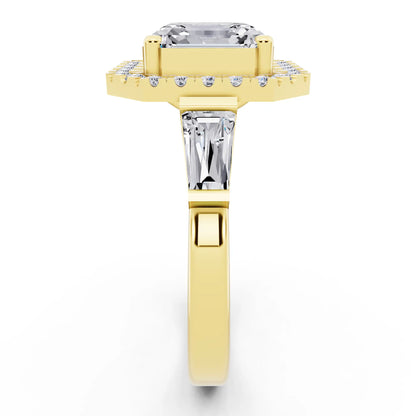 14 KT Yellow Gold Asscher Cut Diamond Halo Ring with Baguette Accents - side view