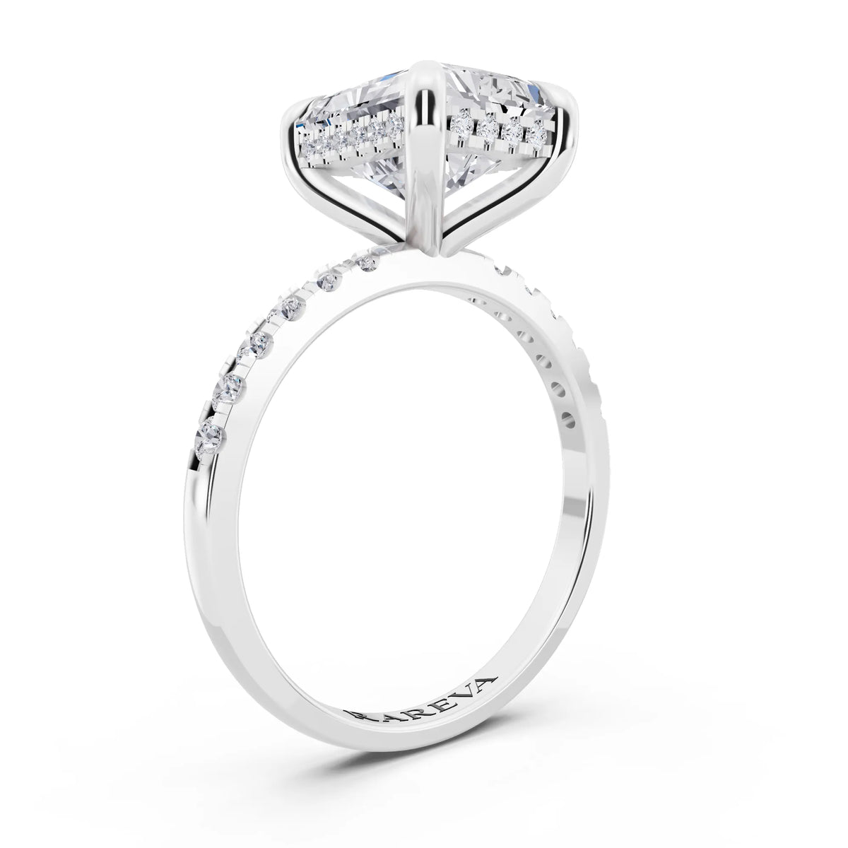 18 KT White Gold Radiant Cut Diamond Solitaire Ring with Round Pavé Band and Prong Setting - top view