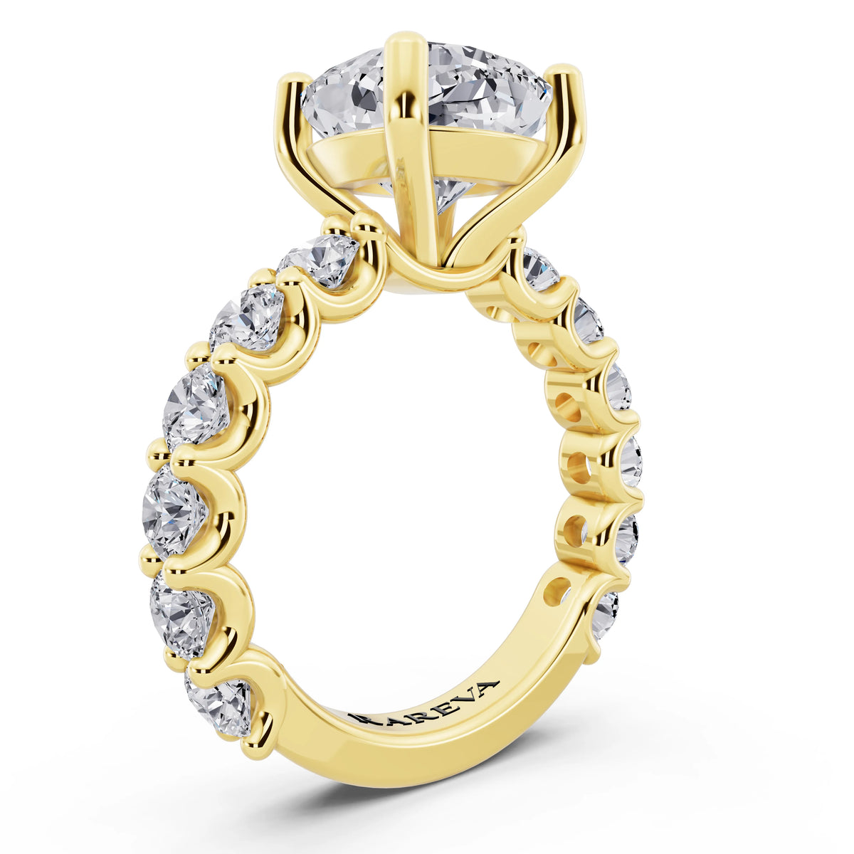 18 KT Yellow Gold Cushion Cut Diamond Ring with Shared Prong Eternity Band - top view