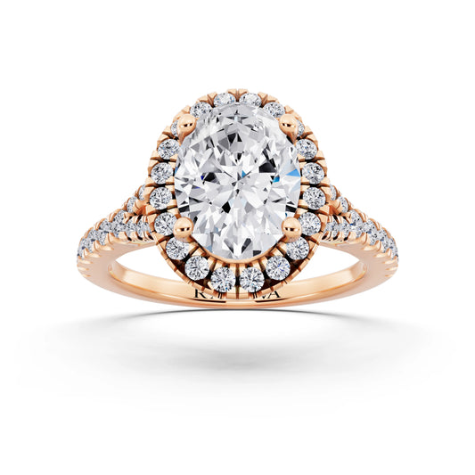 14 KT Rose Gold Oval Cut Diamond Halo Ring with Split Shank - front view
