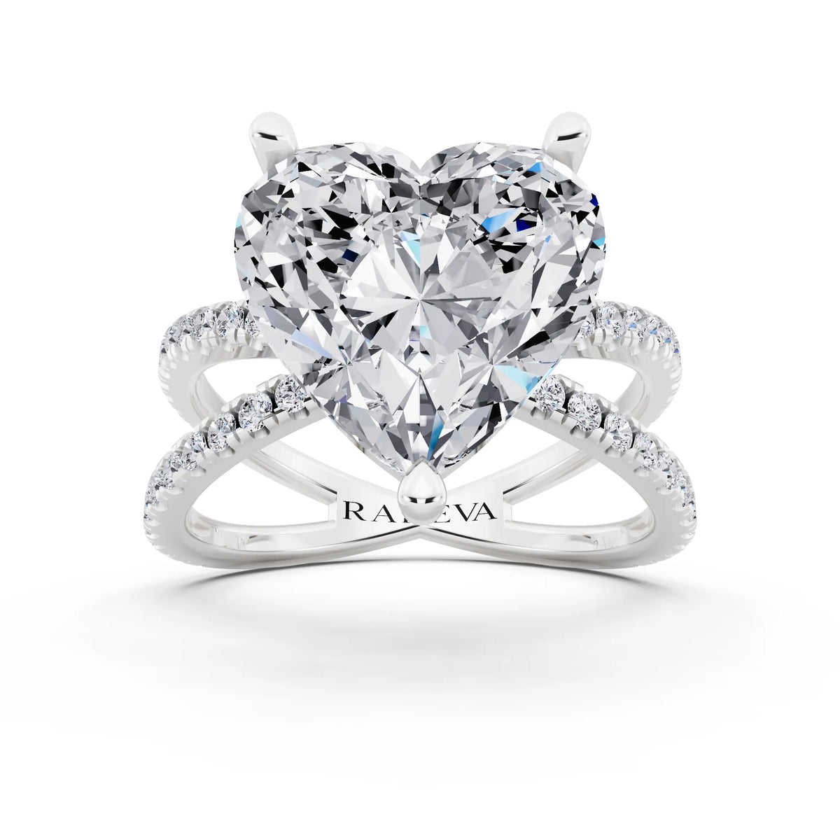 14 KT White Gold Heart Cut Diamond Ring with Twisted Split Shank - front view