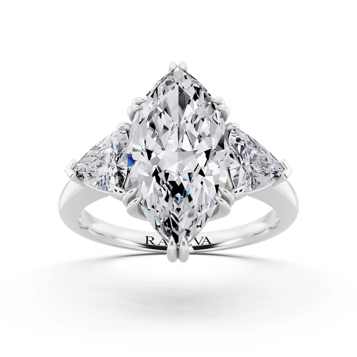 18 KT White Gold Marquise Cut Diamond Three Stone Ring with Trillion Accents - front view