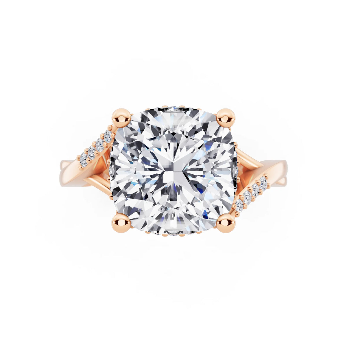 14 KT Rose Gold Cushion Cut Diamond Split Shank Engagement Ring with Hidden Halo - top angle