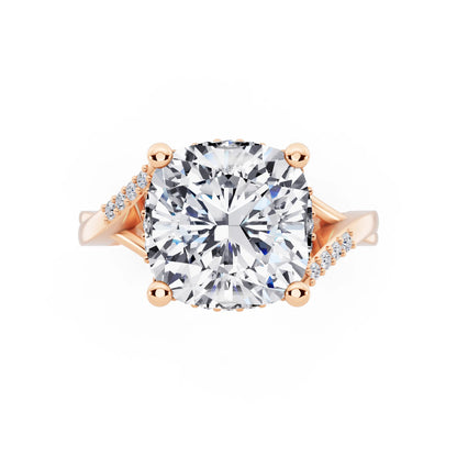 14 KT Rose Gold Cushion Cut Diamond Split Shank Engagement Ring with Hidden Halo - top angle
