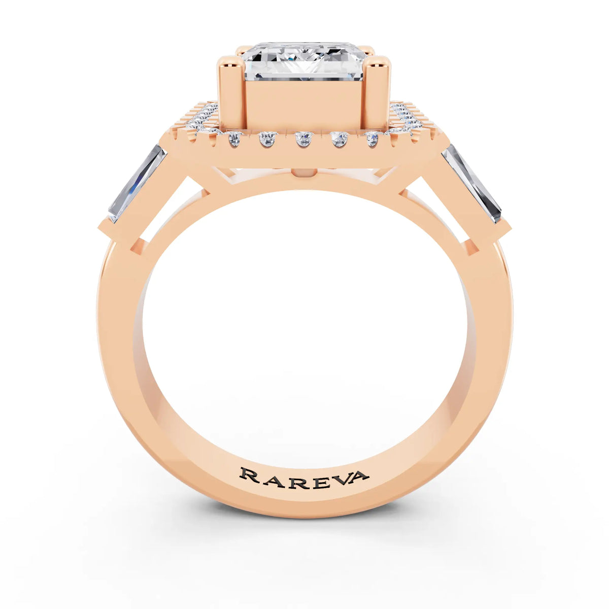 18 KT Rose Gold Emerald Cut Diamond Halo Ring with Baguette Accents - through finger