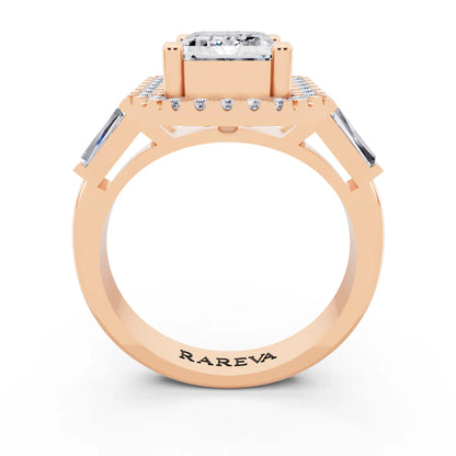 18 KT Rose Gold Emerald Cut Diamond Halo Ring with Baguette Accents - through finger