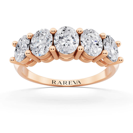 14K Rose Gold Five Stone Oval Cut Diamond Half Eternity Wedding Band - 2.5mm - Front