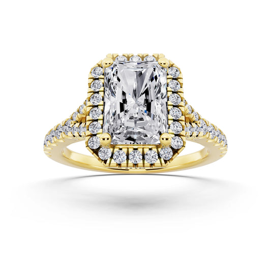 14 KT Yellow Gold Radiant Cut Diamond Halo Ring with Split Shank - front view