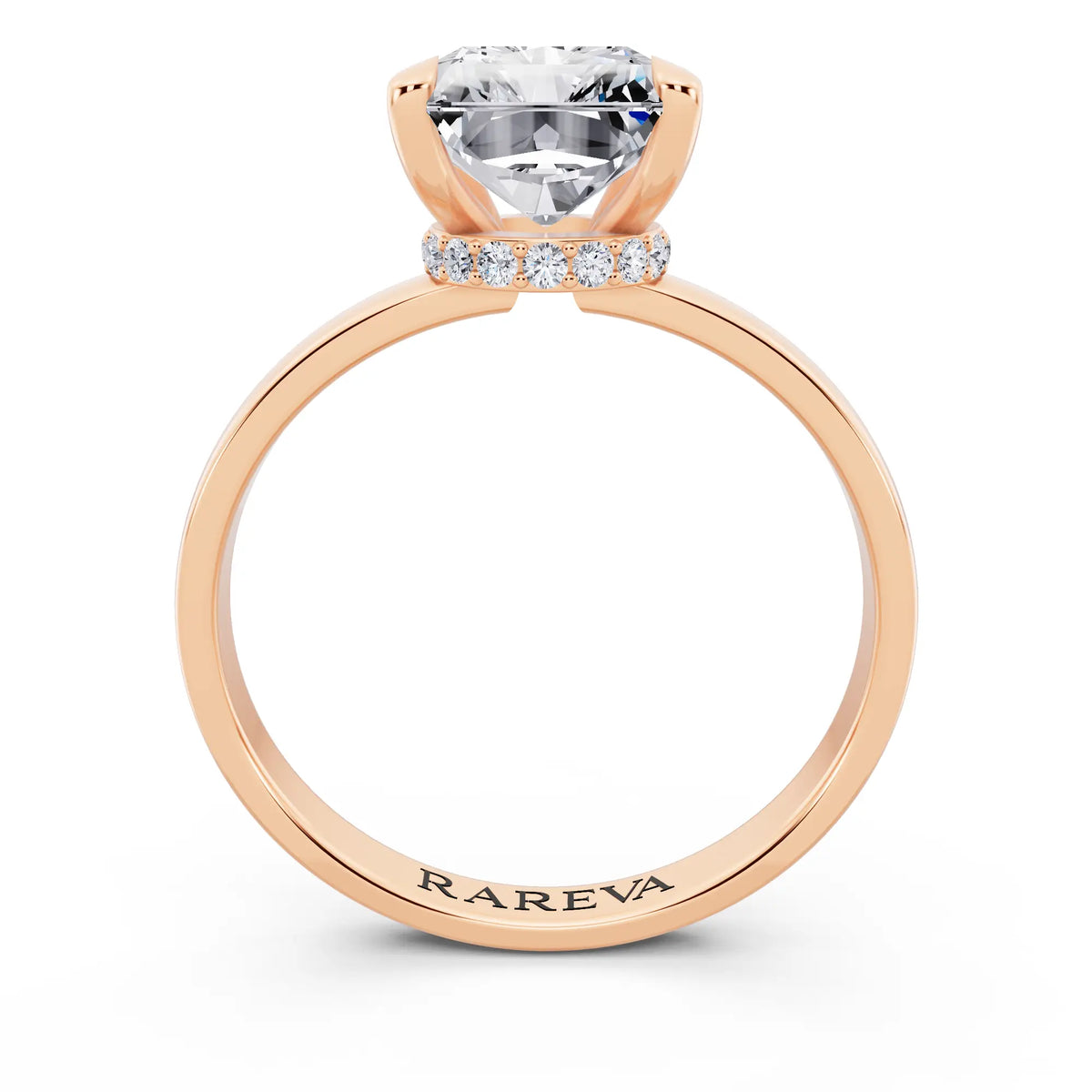18 KT Rose Gold Radiant Cut Diamond Solitaire Ring with Pave Collar - through finger