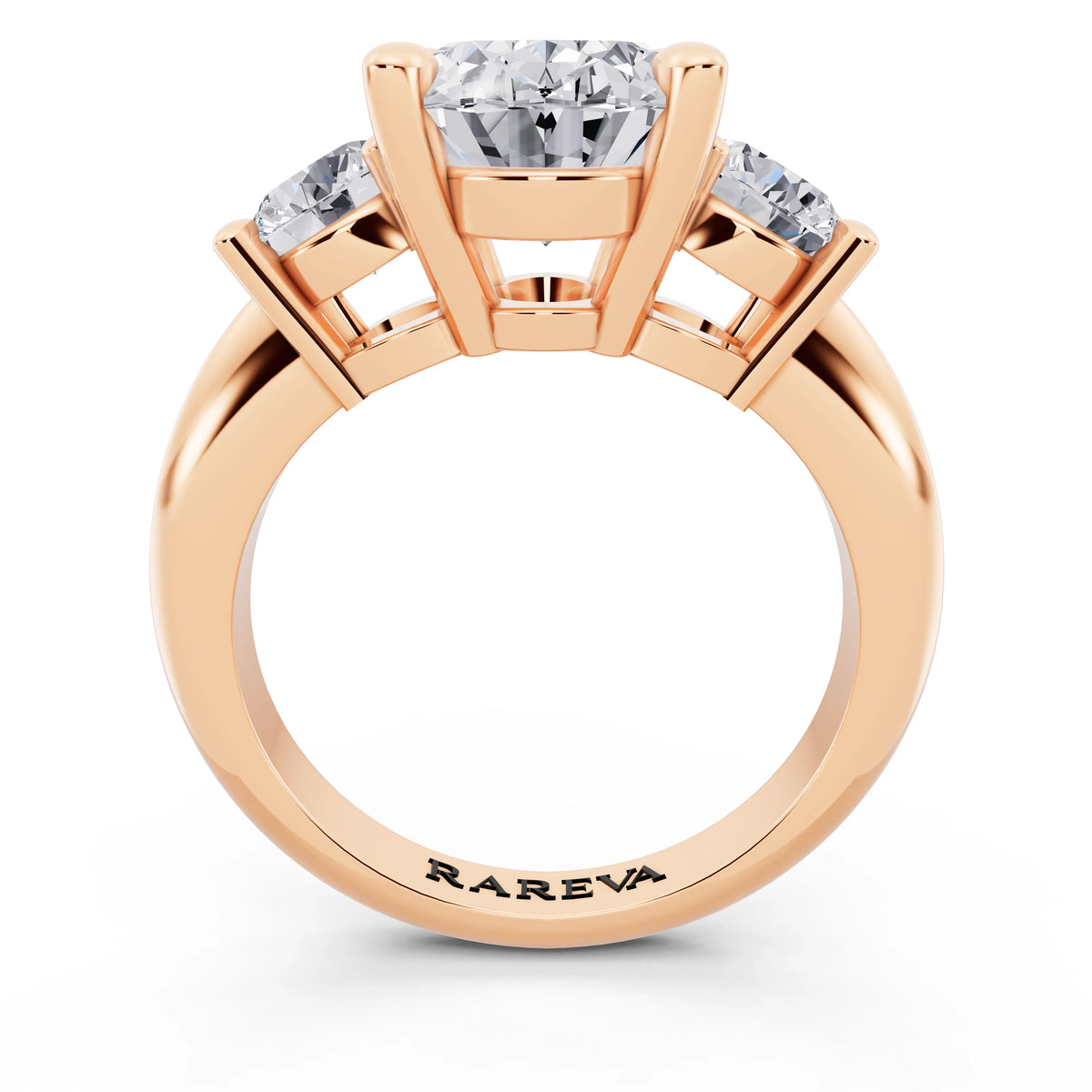 18 KT Rose Gold Oval Cut Diamond Three Stone Ring with Round Accents - through finger