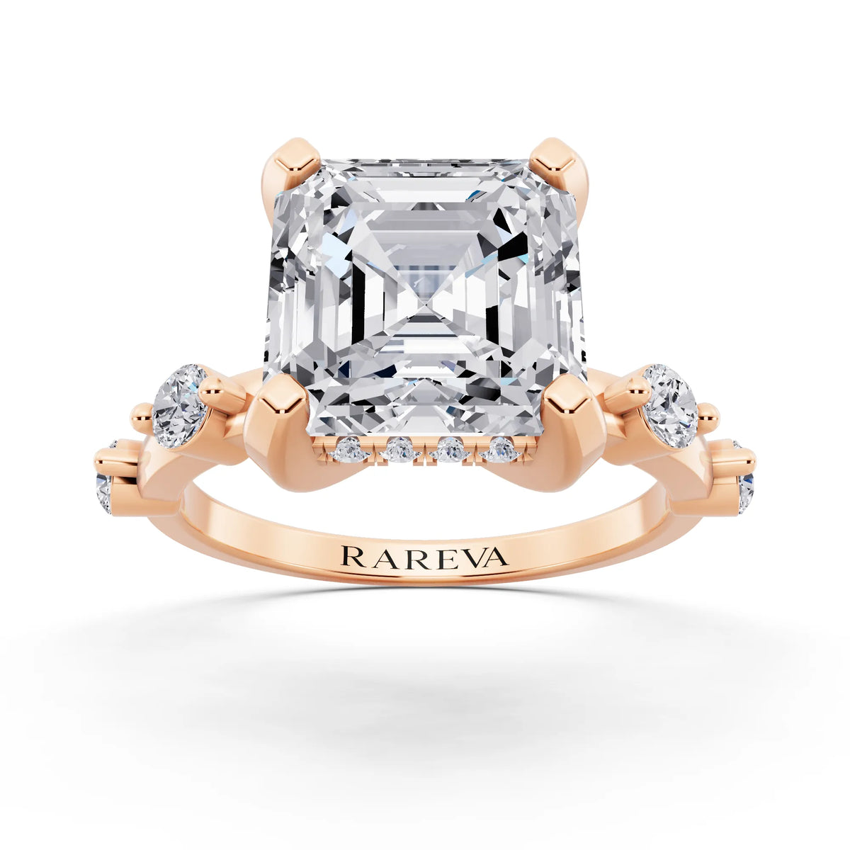 18 KT Rose Gold Asscher Cut Diamond Solitaire Ring with Floating Diamond Accents - front view