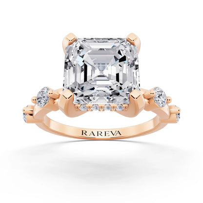 18 KT Rose Gold Asscher Cut Diamond Solitaire Ring with Floating Diamond Accents - front view