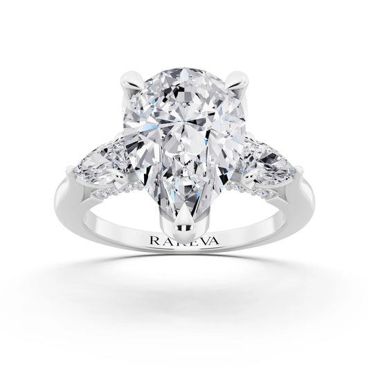 18 KT White Gold Pear Cut Diamond Cluster Engagement Ring with Pear Accents and Pavé Band - front view