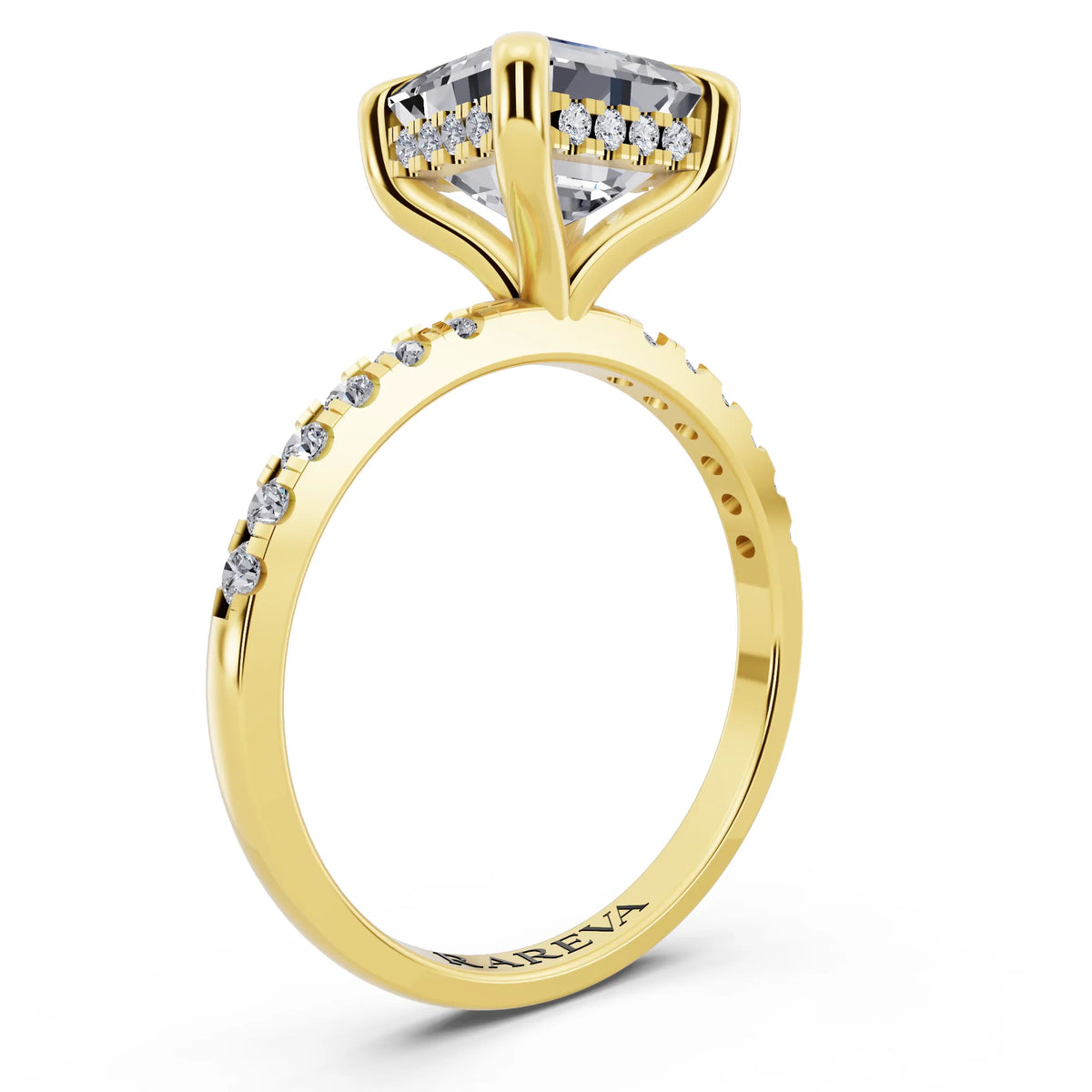 14 KT Yellow Gold Asscher Cut Diamond Solitaire Ring with Round Pavé Band and Prong Setting - top view