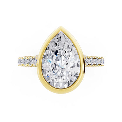 18 KT Yellow Gold Pear Cut Diamond Bezel Set Ring with Pave Band - Top down