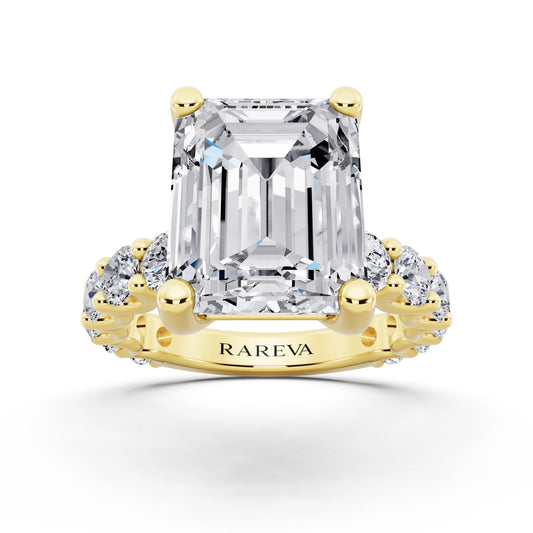 14 KT Yellow Gold Emerald Cut Diamond Ring with Shared Prong Eternity Band - front view