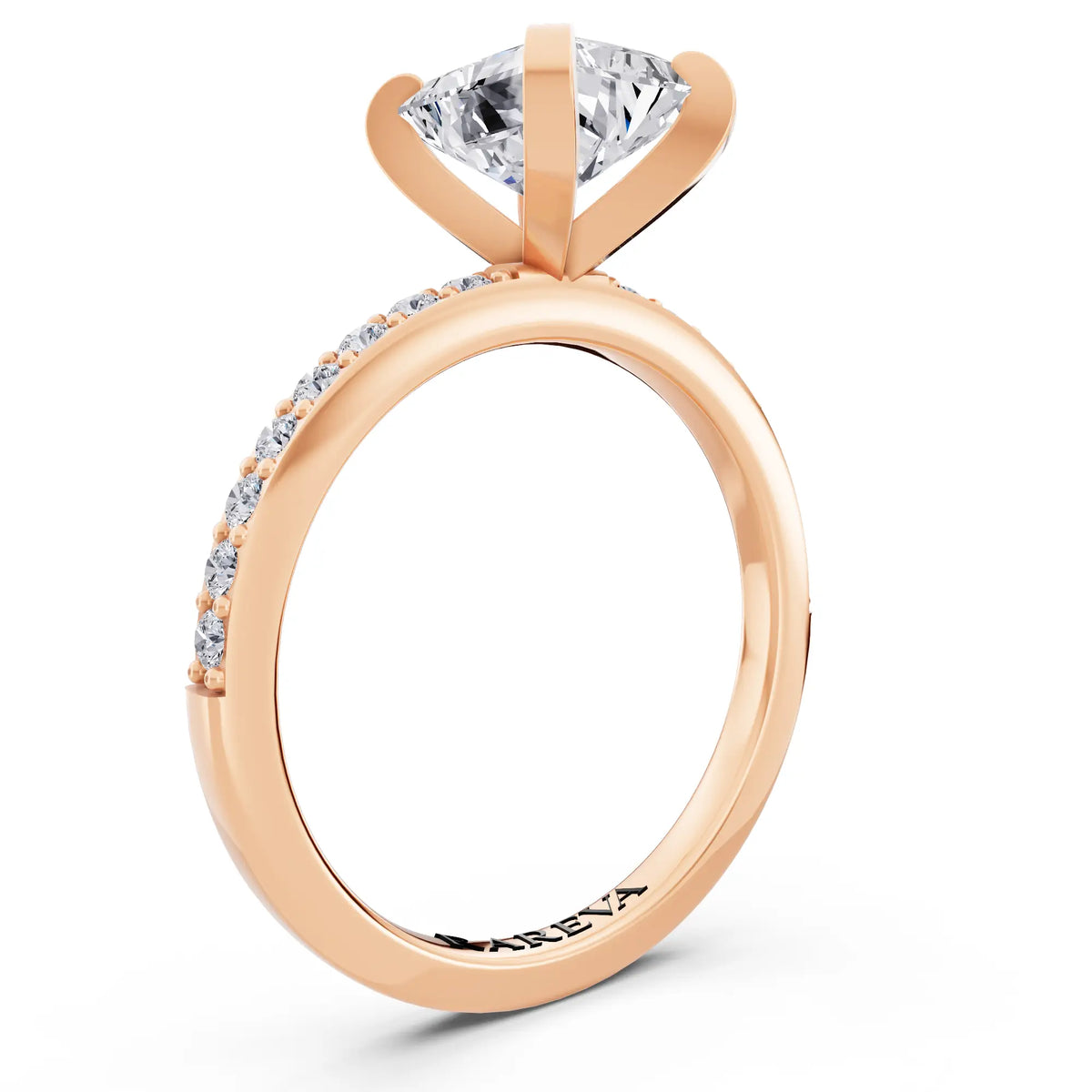 14 KT Rose Gold Radiant Cut Diamond Solitaire Ring with Pave Shank - top view