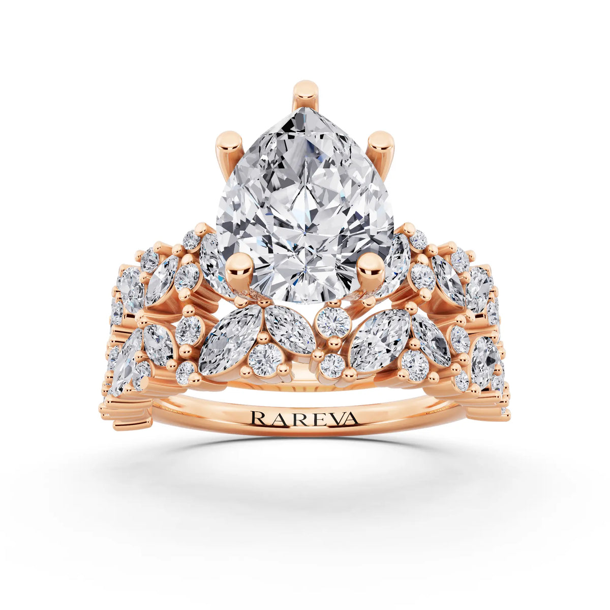 18 KT Rose Gold Pear Cut Diamond Ring with Marquise Cluster Band - front view