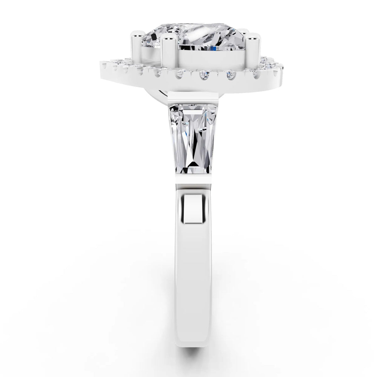18 KT White Gold Heart Cut Diamond Halo Ring with Baguette Accents - side view