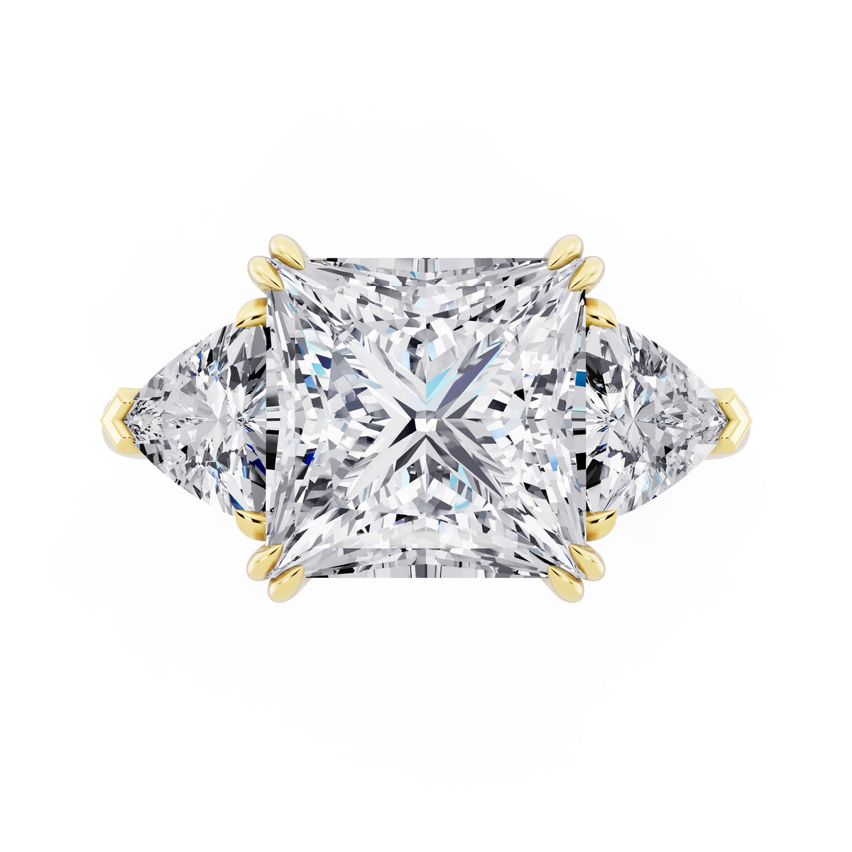 14 KT Yellow Gold Princess Cut Diamond Three Stone Ring with Trillion Accents - top angle